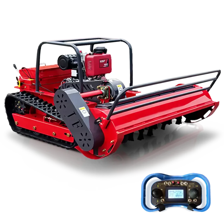 Robokosilica M222P2 crvene boje slikana pod kutem od 45 stupnjeva i pripadajući profesionalni daljinski upravljač plave boje