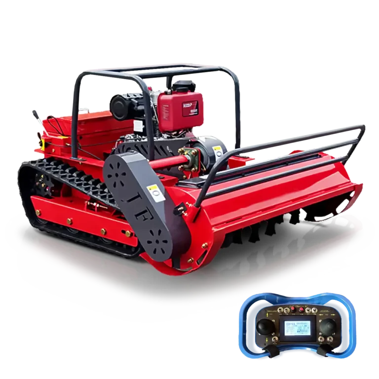 Robokosilica M222P2 crvene boje slikana pod kutem od 45 stupnjeva i pripadajući profesionalni daljinski upravljač plave boje