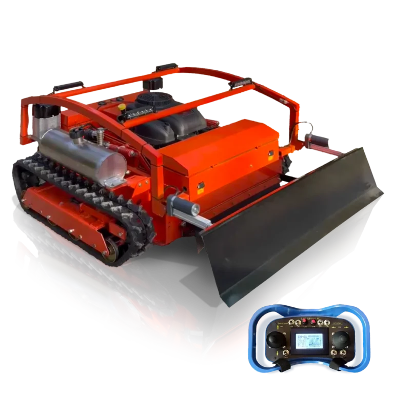 Robokosilica K6SP2 crvene boje slikana pod kutem od 45 stupnjeva i pripadajući profesionalni daljinski upravljač plave boje