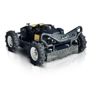 Robokosilica ZiZi4 crne boje s logotipom LUDILO na prednjem braniku slikana pod kutem od 45 stupnjeva